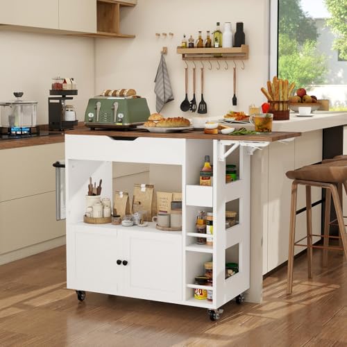 YU YUSING Isla de Cocina con Ruedas y Encimera Extensible, Carrito Cocina Compacto 104x40x89cm, Mueble Auxiliar de Cocina con 4 Estantes Abiertos, 2 Cajones, Puerta, Irador de Hierro, Cajón, Blanco