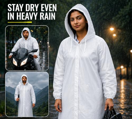 Image of SR EVA Reusable Raincoat with Hood (White) - Pack of 1 | Elasticated Full Sleeves Outdoor Waterproof Raincoat for Men & Women | Rainwear | Button Closure | Knee Length | Universal Fit (White)