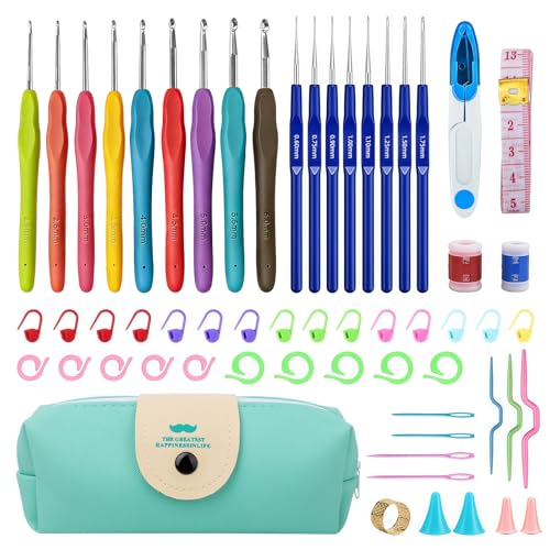 Uncinetto Set 58 Pezzi, Uncinetti in Alluminio con Ergonomico Manico Morbido in Gomma Colorata, 17 Misure 0.6mm-6.0mm, Kit Uncinetto Completo con Custodia Portatile, per Principianti, Adulti