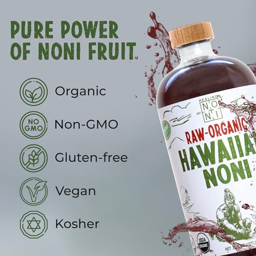 healing noni - 4-pack glass bottle 32oz - hawaiian sparkling raw organic juice - all-natural unsweetened fresh fruit - farm direct