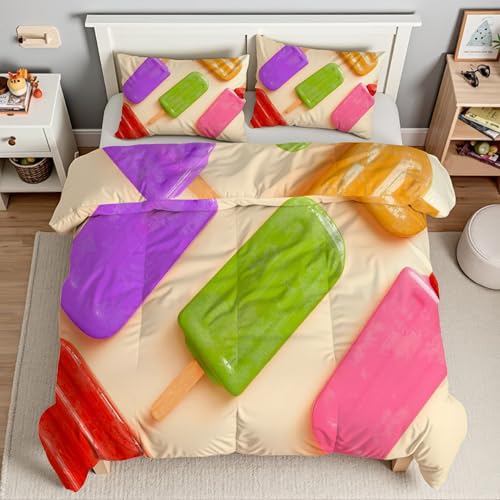 アイスクリーム羽毛布団 3D食べ物掛け布団 ド ソフト 冬 キルト オールシーズン被子ソフトふわふわマイクロファイバーウォッャブル 掛け布団暖かい ふわふわ 暖かい羽毛布団軽量 通気 羽根布団230x210cm + 2枚枕カバー・43X63cmTI3816