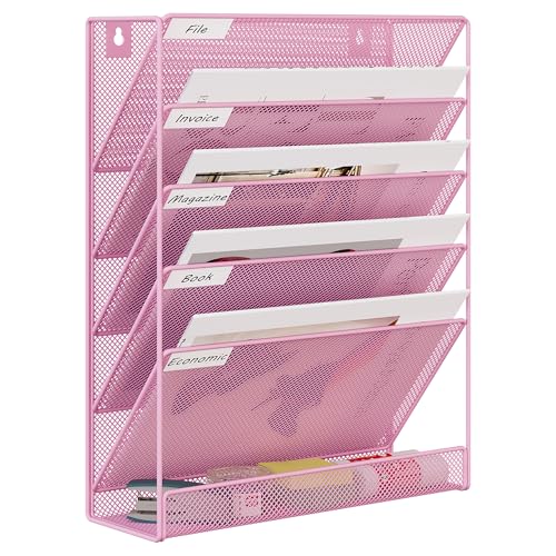 EasyPAG 5 Tier Wall File Holder, Mesh Hanging Folder Organizer with Classify Label, Versatile Desk File Holder, Vertical Wall Mounted Mail Organizer for Office Home Cubicle, Pink