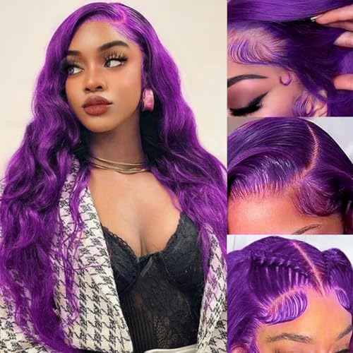 Wear and Go Glueless Wigs Human Hair Pre Plucked Pre Cut With Baby Hair 200% Density Purple 5x5 Body Wave Lace Front Wigs Human Hair for Black Women HD Transparent Lace Frontal Purple Wigs 26 Inch
