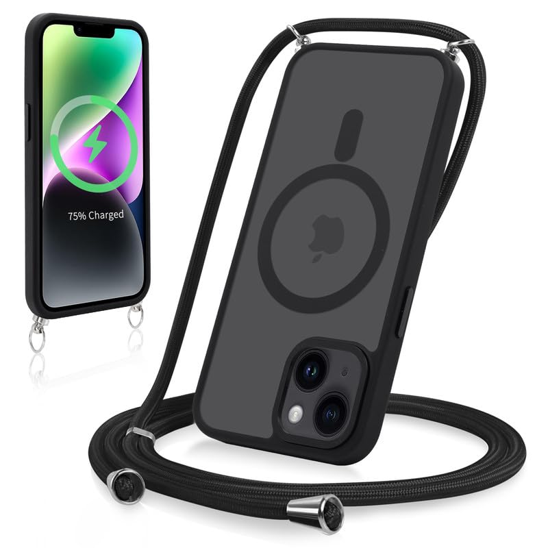 Yoedge Magnetica Cover per iPhone 15 6,1' con Cordino, Compatibile con MagSafe, Custodia Traslucida Opaca Hard PC Sottile TPU Bumper Antiurto Protettiva Case con Corda Collana Tracolla Laccio, Nero