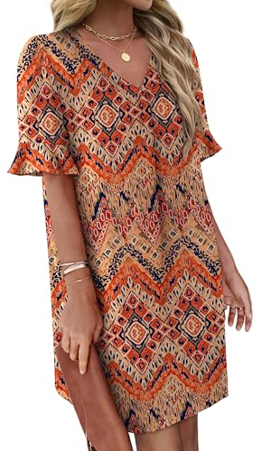 Image of OFEEFAN Summer Dresses for Women Ruffle Short Sleeve V Neck Casual Shift Dress with Pockets