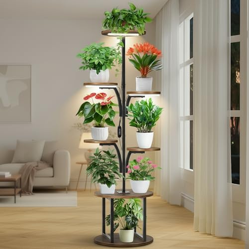VIHBRAI Supporto per piante con luce di crescita - 7 livelli, scaffale per fiori 148 cm, in metallo e legno, per interni ed esterni, scala portafiori - Scaffale decorativo per fiori per interni