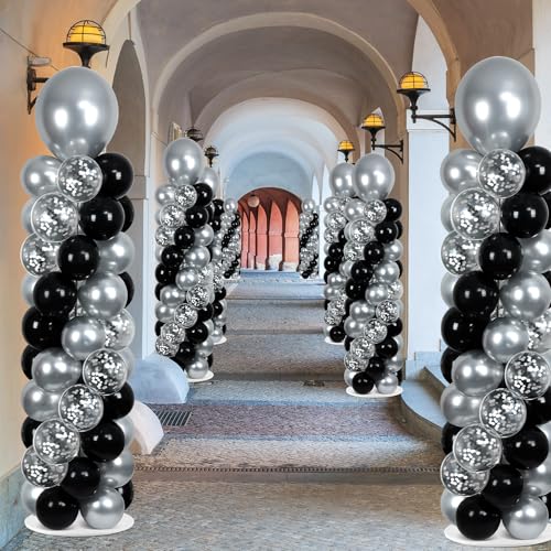 Image of Naozinebi 2 Sets Black and Silver Balloon Column Stand Kit with 100 Balloons, 110 Pieces, Adjustable Balloon Tower Stand with Base for Floor, General Celebration, Unisex Adults