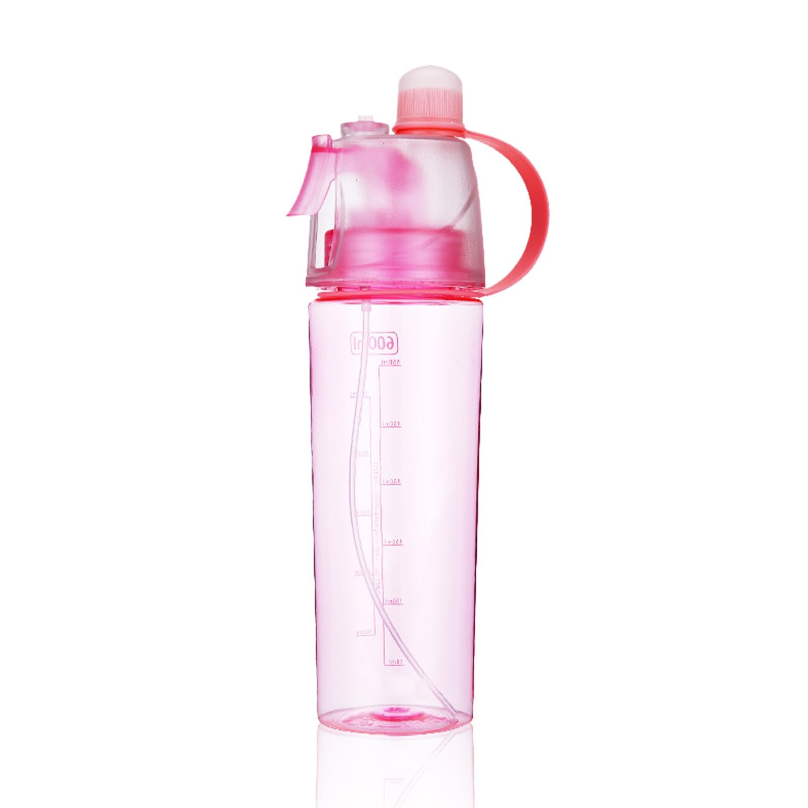 equlup Dual Outlets Water Bottle, 600ml Mister Spray Head Anti Leak Drink Bottle Clear Plastic Portable Squeeze Cup with Scale for Outdoor Cycling Camping Running (Pink)