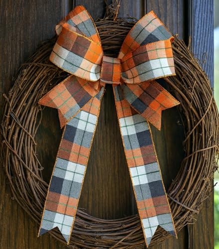 Image of Fall Plaid Wired Edge Ribbon - 2 1 /2 inch x 10 Yards, Orange, Beige, Black, Autumn Decor, Halloween, Thanksgiving, Christmas Wreath, Farmhouse Decoration, Garland, Gifts, Wreath, Bows