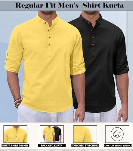 Image of Zombom Combo of Men's Casual Solid Cotton Polyester Blend Full Sleeve Straight Kurta Shirt (Pack of 2)