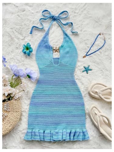 Image of GORGLITTER Women's Vacation Outfit Crochet Halter Knit Bubble Mini Dress Sexy Beach Cruise Summer Miami Resort Outfits