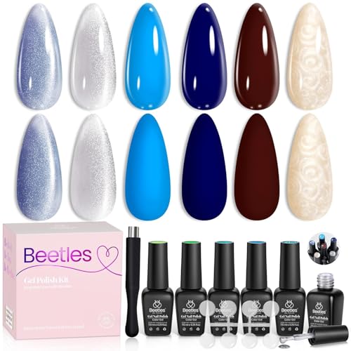 Image of Beetles Cat Eye Gel Polish - Glamorous Metamorph 6 Color Gel Nail Polish | Blue Brown Pearl, Magnet Soak Off Uv LED for Salon Manicure Art DIY Back to School Nails, Set
