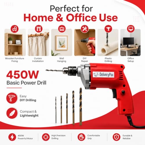 Image of Delivery Pax 450W Electric Drill for Home Use | Corded Drill for Wood & Light DIY Work | Includes 5 Drill Bits | Drill Machine for home use