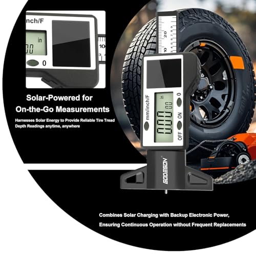 Image of GODESON Digital Tire Tread Depth Gauge -Reads 32NDS, Inch & MM /Solar /Battery Hybrid Power /1 inch (25.4mm) Range /Accurate Tire Thread Depth Gauge Tool Suitable for Cars, Trucks, Motorcycles