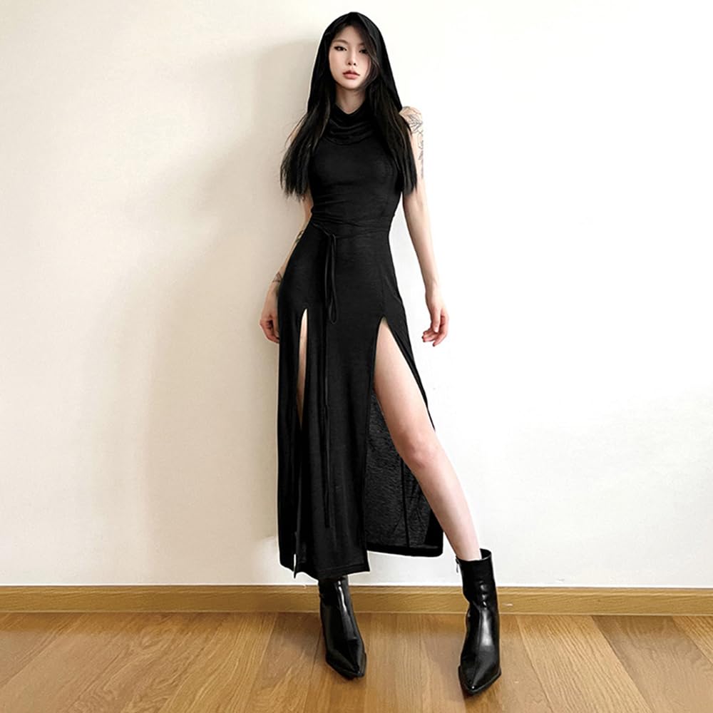 SINROYEE Women High Slit Long Dress Sexy Sleeveless Cocktail Dress Sexy Cutout Bodycon Party Club Cami Dresses: Medium Black 2