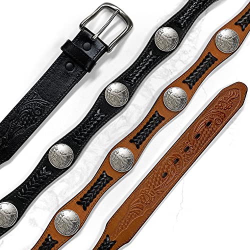 Western Floral Engraved Conchos Belt Genuine Full Grain Leather Belt 1-1/2"(38mm) Wide, Assembled in the U.S3