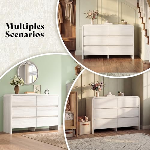 Image of AMERLIFE 6 Drawer Dresser for Bedroom, 49 inch Wide Modern Storage Cabinet with Rounded Edges & Anti-Tip Kit, Wood Chest of Drawers for Closet, Hallway (White, 15.8 inch D*48.8 inch W*33.3 inch H(6 Drawers))