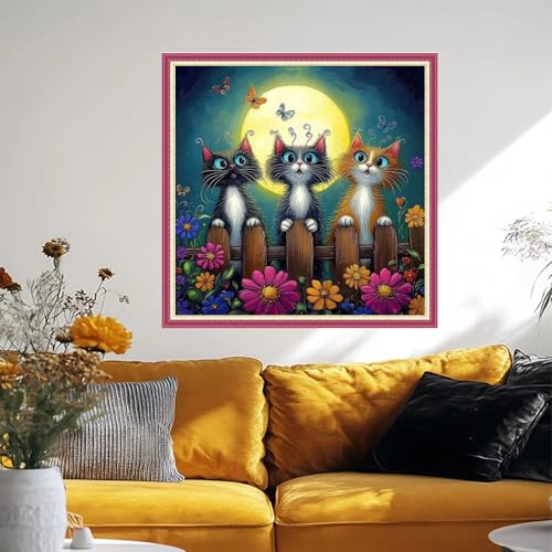 Image of Fanxvivy Stamped Cross Stitch Kits for Beginners Full Range of Cross Stitching Preprinted Embroidery Kits for Adults, 11CT Embroidery Pattern Needlepoint Kits-The cat admires Moon 18x18 inch