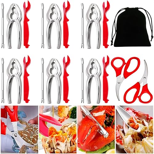 21 Pcs Seafood Tool Set, Crab Crackers And Tools Set, Include 6 Crab Crackers, 6 Shellfish/Seafood Forks, 6 Plastic Lobster Shellers, 2 Seafood Scissors & 1 Storage Bag