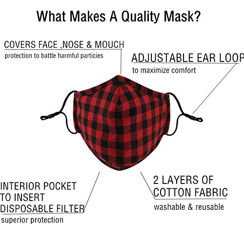 Aoliks Face M - Cloth Re-Usable Reversible Face M - 3 Layer Reusable Face Mouth M With Adjustable Ear Loops Washable Dust M For Women (Plaid-Red) #TOP3