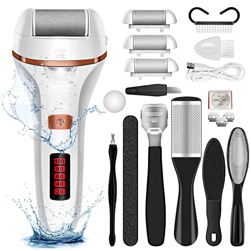 Electric Foot File Callus Remover, Rechargeable Pedicure Kit, Callus Remover Kit with 3 Roller Heads,2 Speed, Battery Display for Remove Cracked Heels Calluses and Hard Skin