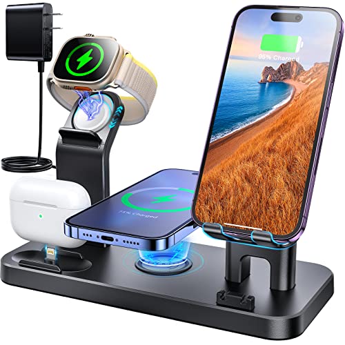 KINYELL Charging Station for Multiple Devices Apple?48W 5 in 1 Fast Wireless Charging Station for iPhone AirPods Apple Watch Charger Stand Dock Black