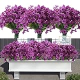 Satefello 20 Bundles Artificial Flowers for Outdoors, UV Resistant Fake Realistic Flowers with Plastic Plants Spring Decor, Faux Silk Flowers for Outside Window Box Front Porch Planter Decor-Purple