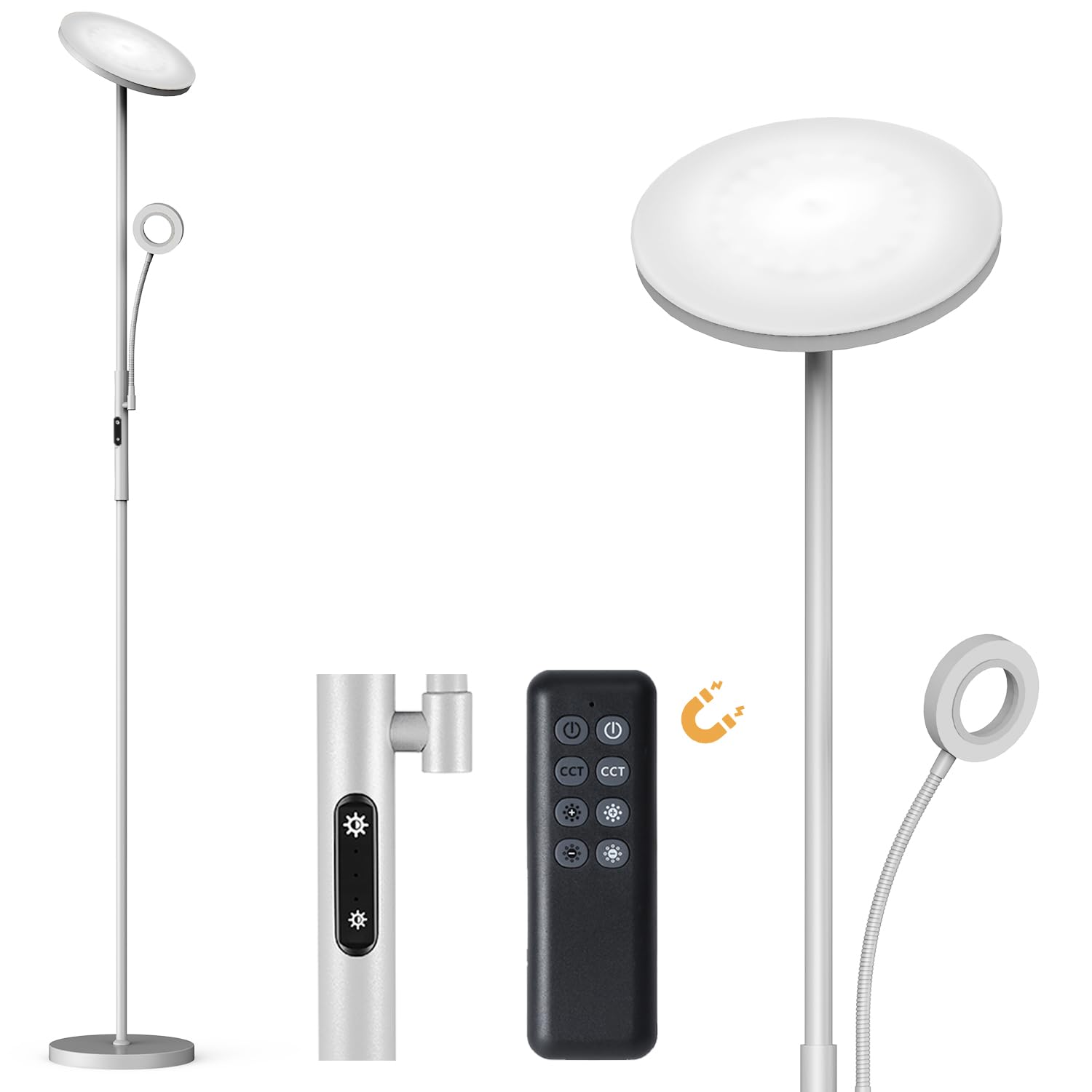 Modlicht LED-Stehleuchte, 35 W, Grau, 4200 lm, Stehleuchte für Wohnzimmer mit 6 Modi, 3000-6000 K, dimmbar, mit Fernbedienung & Touch-Steuerung und 1-Stunden-Timer, Leselampe für Schlafzimmer, Büro