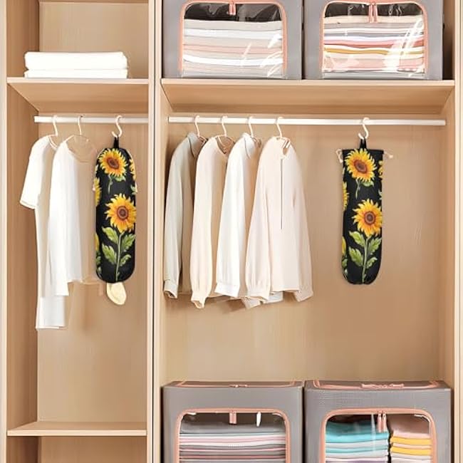 RunningBear Flowers Black Sunflowers Plastic Bag Holder Large Grocery Bag Holder Wall Mount Plastic Bag Holders Plastic Bag Organizer Dispenser for Kitchen Closet,1 Pack