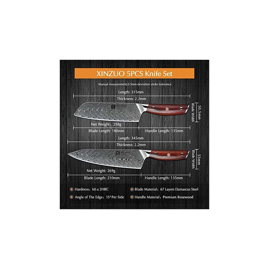 XINZUO 6-Piece Kitchen Knife Set with Magnetic Knife Holder,Damascus Steel Chef Knife Set and 16 Inch Walnut Wood Knife Magnetic Strips