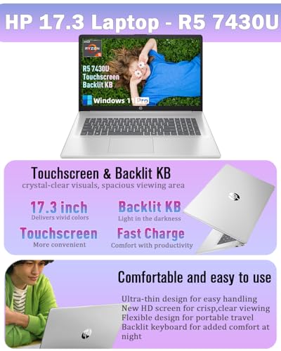 Image of HP 17.3 Touchscreen Laptop Computer, 17.3 inch 250 nits Anti-Glare Display, Ryzen 5 7430U(UP to 4.3GHz), Backlit Keyboard, 16GB RAM+512GB SSD, Windows 11 Pro, Fast Charge, AI Copilot Key