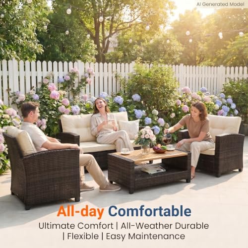 Image of Wisteria Lane 4 Piece Patio Furniture Set, Wicker Outdoor Patio Conversation Furniture Set, All Weather Outdoor Patio Sofa with Cushion and Wood Table, Beige Wood