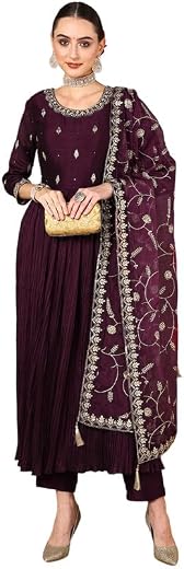 Vaamsi Women's Silk Blend Solid Embroidered Anarkali Pleated Kurta Pant With Dupatta With Cotton Inner