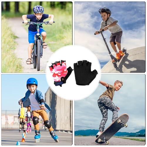 Mecmbj Kind Halb Finger Fahrradhandschuhe, Kinder Sport Handschuhe, rutschfeste Kindersporthandschuhe, zum Radfahren, Bootfahren, Yoga, Skaten, Klettern - rosa Tarnfarbe (Anwendbare Alter:6-12 Jahre)