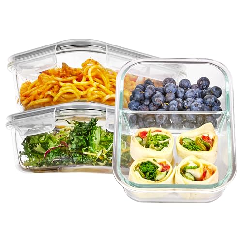 Vtopmart 3 Paquetes Tupper Cristal con 2 Compartimentos, Tapers de Cristal, 975ml, Recipientes de Vidrio Hermeticos con Tapa, para Microondas, Horno, Congelador y Lavavajillas