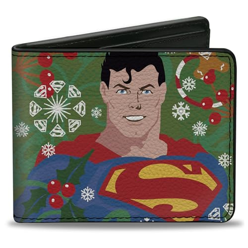 Buckle-Down DC Comics Wallet, Bifold, Superman Holiday Christmas Pose and Icons Greens, Vegan Leather
