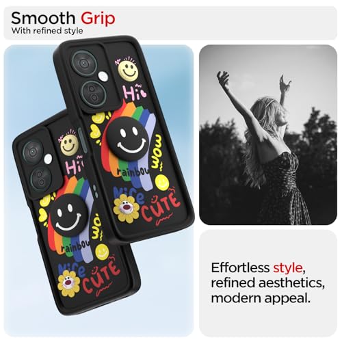 Image of Pikkme Back Cover for OnePlus Nord CE 3 Lite 5G / N30 5G | Soft Silicone| Cute Rainbow Smile & 3D Cartoon Flower Design | Shockproof Raised Camera Protection Bumper Case (Black)