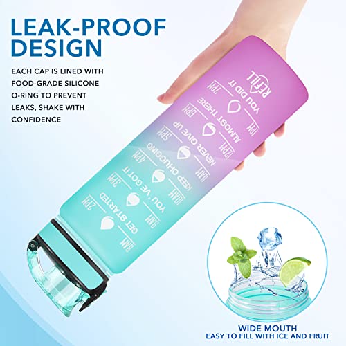 Image of Enerbone 32 oz Leakproof BPA & Toxic Free Water Bottle With Times to Drink and Straw, Motivational Fitness Sports Bottle With Strap for Office, Gym, Outdoor Sports, Green-Purple