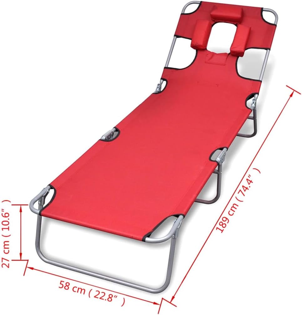 Folding Sun Lounger with Head Cushion,Outdoor Chaise Lounge,Patio Lounge Chair,Beach Sunbathing Chair,Camping Chair,Portable Loungers,for Patios,Pools,Lawns,Camping,Powder-coated Steel Red