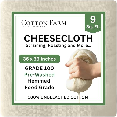 Cotton Farm Grade 100 XL Cheese Cloth - Straining & More; 36x36 Inch; 100% Unbleached Cotton Cheesecloth; Reusable with Hemmed 2 Edges; Ultra-Dense (the finest) Butter Muslin