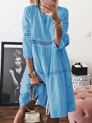 Image of utcoco Womens Lace Eyelet Embroidery Dresses 3 /4 Trumpet Sleeve Crochet Spliced A Line Flowy Boho Midi Dress