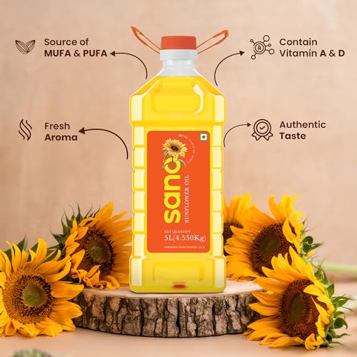 Image of sano Sunflower Oil 5 Ltr Pet Bottle Pure, Nutrient Rich Cooking Oil with High Smoke Point Ideal for Frying, Sauteing, and Baking All type of Cuisines|