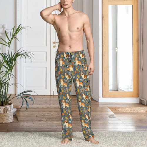 Mens Pajama Pants - Autumn Leaves Puppy Bird Print Soft Sleep Lounge Pants For Men, Casual Pj Bottoms With Pockets2