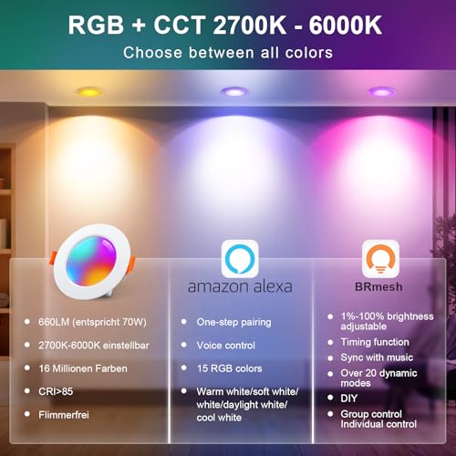 VARICART Smart LED Downlights for Ceiling Alexa 7W Bluetooth RGB Colour Changing Spot Lights 2700K-6000K - Image 3