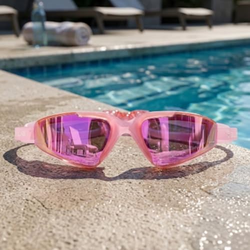 Image of BURNLAB Kids Mirrored Lens Swimming Goggles for Pool and Outdoor Swimming, Adjustable Fit, kids Boys and girls (pink)