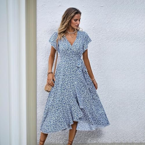 Image of Summer Dresses V Neck Short Sleeve Floral Midi Dress with Tie Waist Ruffled Boho Casual Dress for Beach Vacation
