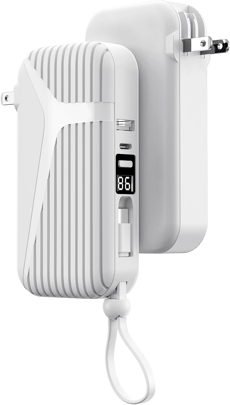 Power Bank for iphone, Portable Charger 10000mAh with Built-in Cables and Foldable AC Wall Plug, LED Display and 4 Outputs 2 Inputs,Battery Pack Portable Charger for iPhone 15 1 6 Samsung Galaxy iPad