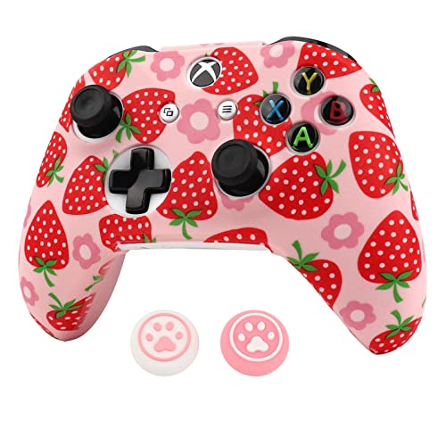 RALAN Coque de protection en silicone antidérapante pour manette de Xbox One sans fil/filaire avec 2 jolis capuchons pour manettes de pouce Rose fruit