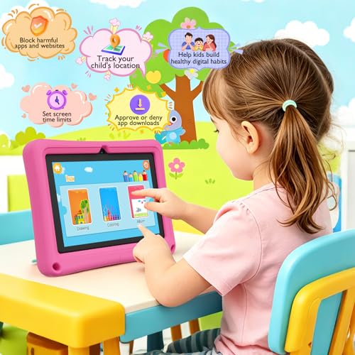 Image of Kids Tablet 7 inch Android 12.0 for Toddler, 4GB RAM 32GB ROM Bluetooth IPS Screen Parental Control Dual Camera Shockproof Case for Educational Games (Pink)
