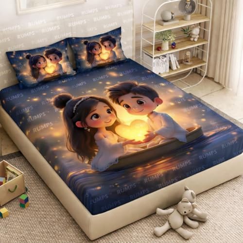 Image of RUMPS 3D Digital Printed Double Bedsheet Flat | Premium Knitted Cotton MicroFabric 90x100 Inch Bed Sheet with 2 Pillow Covers, Cute Cartoon Blue Bird (7D Digital bedheet 04)
